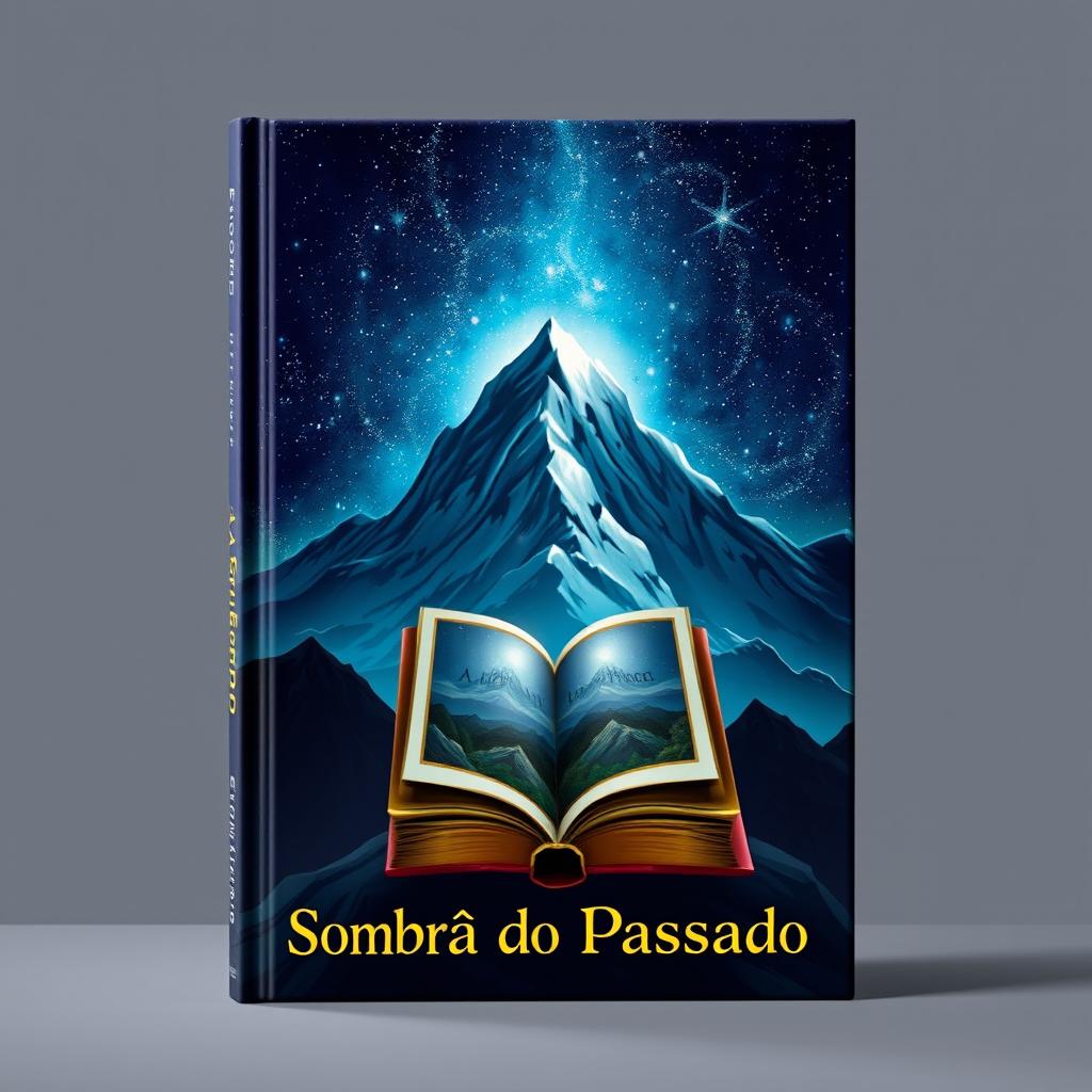 A stunning book cover for 'A Sombra do Passado', featuring a beautifully illustrated fantasy book prominently displayed