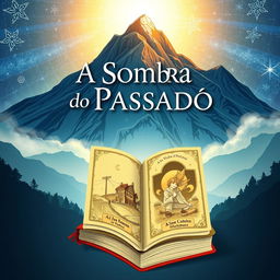 A stunning book cover for 'A Sombra do Passado', featuring a beautifully illustrated fantasy book prominently displayed