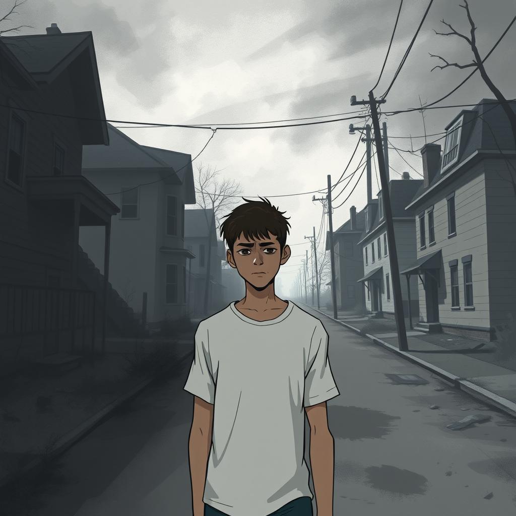 A somber and atmospheric illustration of Jeff, a lonely young man in a gray and decaying neighborhood