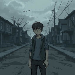 A somber and atmospheric illustration of Jeff, a lonely young man in a gray and decaying neighborhood