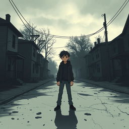 A somber and atmospheric illustration of Jeff, a lonely young man in a gray and decaying neighborhood