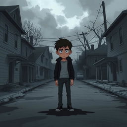 A somber and atmospheric illustration of Jeff, a lonely young man in a gray and decaying neighborhood