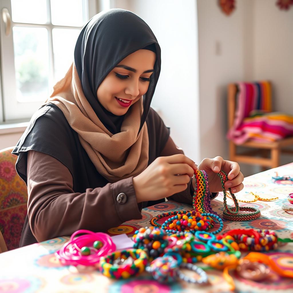 A young woman wearing a hijab engaged in the process of making friendship bracelets