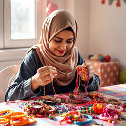 A young woman wearing a hijab engaged in the process of making friendship bracelets
