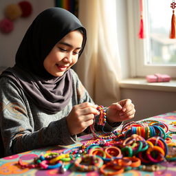 A young woman wearing a hijab engaged in the process of making friendship bracelets