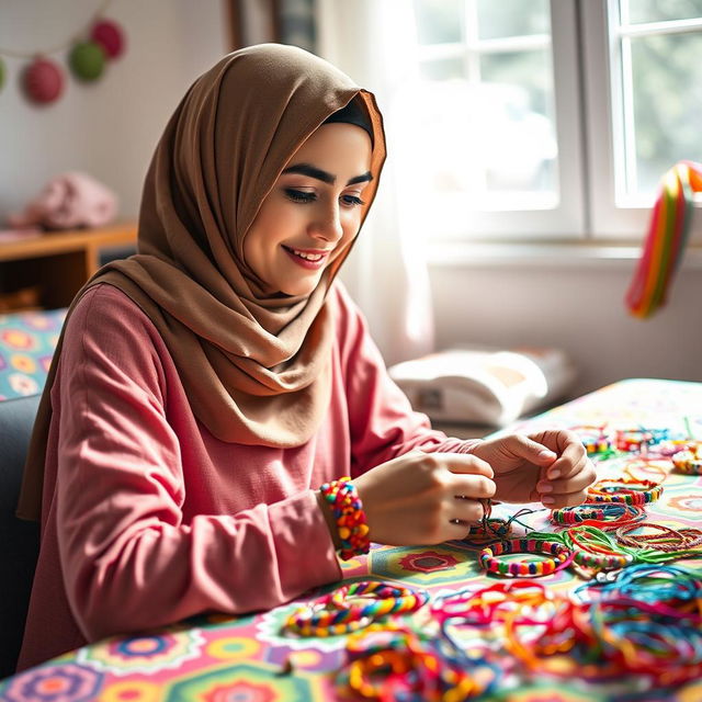 A young woman wearing a hijab engaged in the process of making friendship bracelets