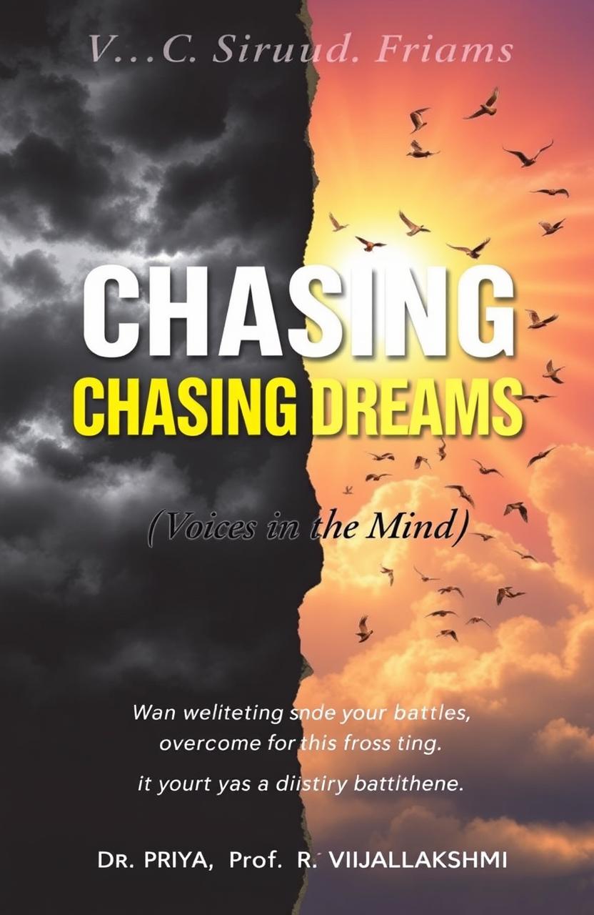 A book cover for "CHASING DREAMS" featuring a background divided into two halves; on the left, dark, stormy clouds representing doubts and fears, while on the right, a bright, sunny sky filled with birds in flight symbolizing hope and liberation
