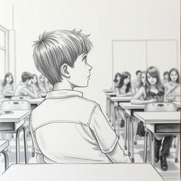A pencil drawing of a boy seated at a long distance in a classroom, looking attentively at his girlfriend across the room