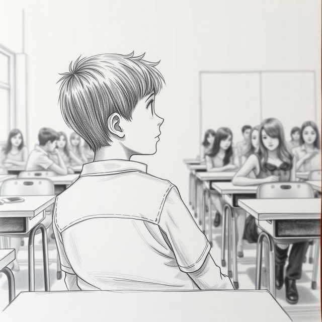 A pencil drawing of a boy seated at a long distance in a classroom, looking attentively at his girlfriend across the room