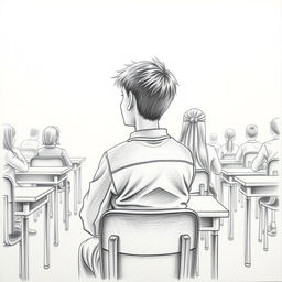 A pencil drawing of a boy seated at a long distance in a classroom, looking attentively at his girlfriend across the room