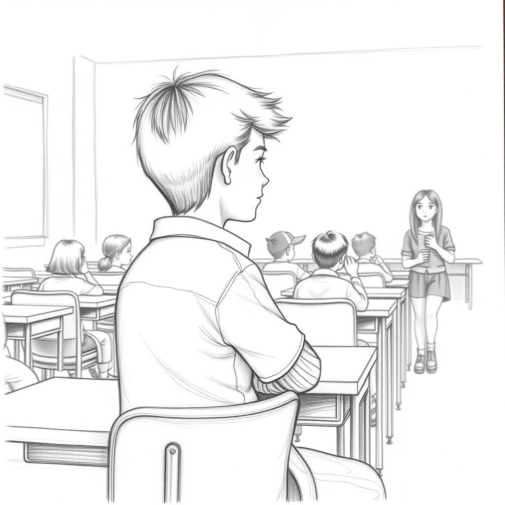 A pencil drawing of a boy seated at a long distance in a classroom, looking attentively at his girlfriend across the room