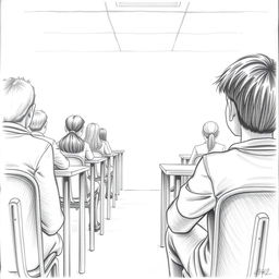 A pencil drawing of a boy seated at a long distance in a classroom, looking attentively at his girlfriend across the room