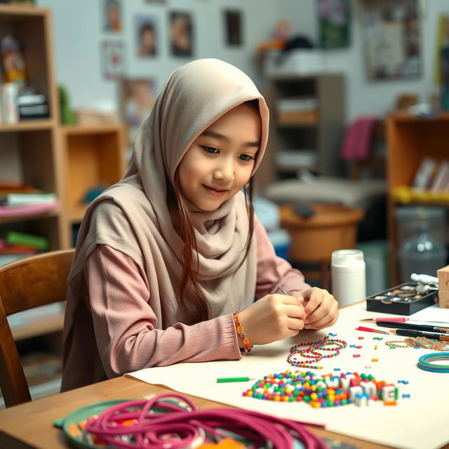 A hijab-wearing girl sitting at a table, focused on creating an alpha bead bracelet