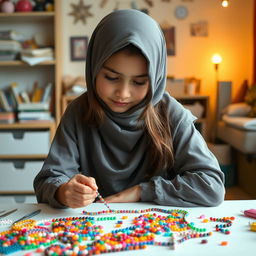 A hijab-wearing girl sitting at a table, focused on creating an alpha bead bracelet