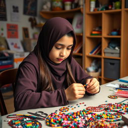 A hijab-wearing girl sitting at a table, focused on creating an alpha bead bracelet