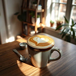 A beautifully crafted cappuccino in a rustic ceramic cup placed on a wooden table