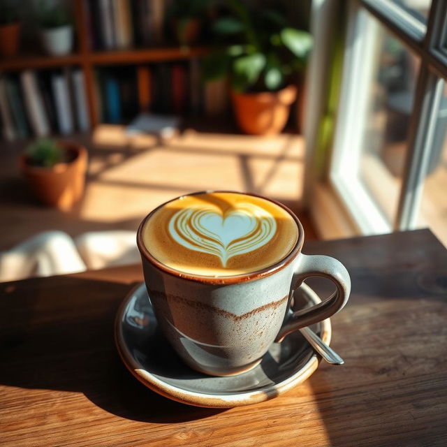 A beautifully crafted cappuccino in a rustic ceramic cup placed on a wooden table