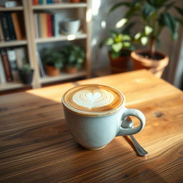 A beautifully crafted cappuccino in a rustic ceramic cup placed on a wooden table