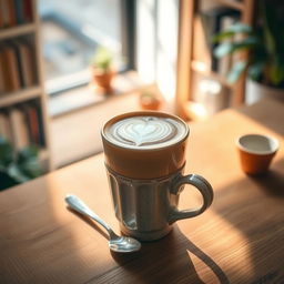 A beautifully crafted cappuccino in a rustic ceramic cup placed on a wooden table