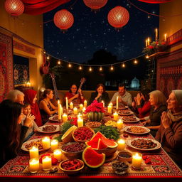 A vibrant and festive Yalda Night celebration in Iran, featuring a beautifully set traditional table adorned with pomegranates, watermelon, nuts, and dried fruits