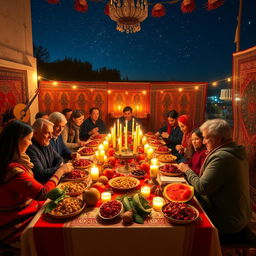 A vibrant and festive Yalda Night celebration in Iran, featuring a beautifully set traditional table adorned with pomegranates, watermelon, nuts, and dried fruits