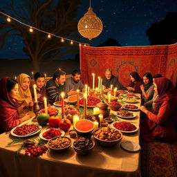 A vibrant and festive Yalda Night celebration in Iran, featuring a beautifully set traditional table adorned with pomegranates, watermelon, nuts, and dried fruits