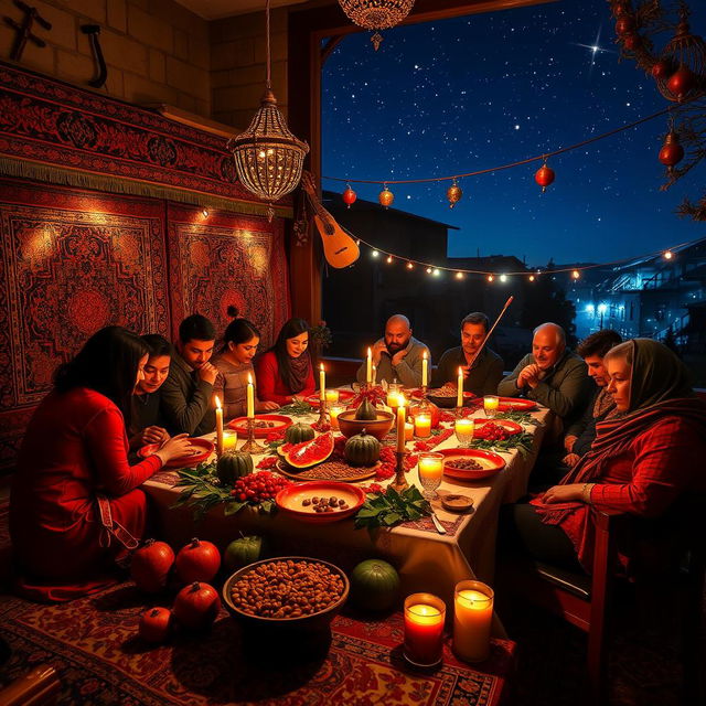 A vibrant and festive Yalda Night celebration in Iran, featuring a beautifully set traditional table adorned with pomegranates, watermelon, nuts, and dried fruits