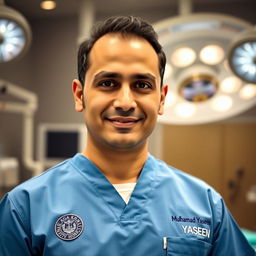A professional surgeon in a modern surgical environment, wearing collared surgical scrubs