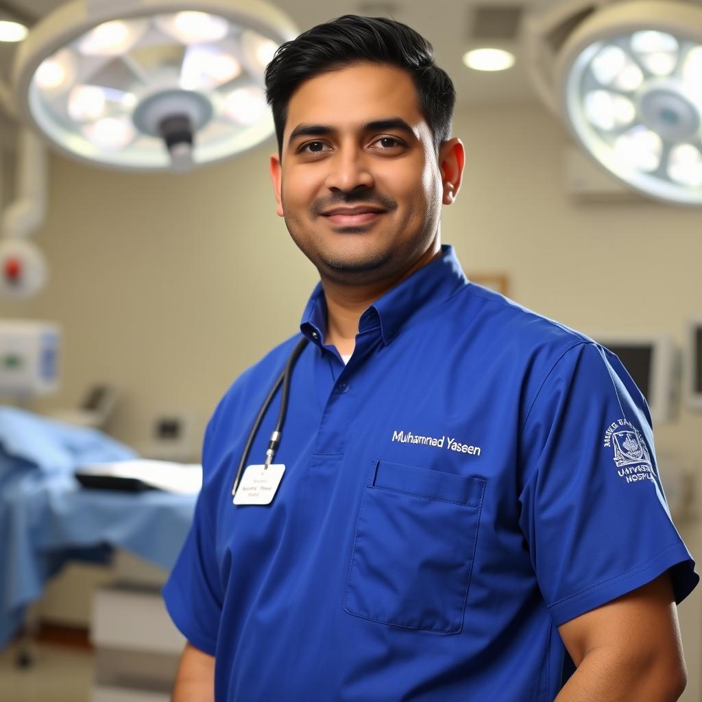 A professional surgeon in a modern surgical environment, wearing collared surgical scrubs