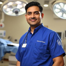 A professional surgeon in a modern surgical environment, wearing collared surgical scrubs