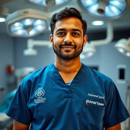A professional surgeon in a modern surgical environment, wearing collared surgical scrubs