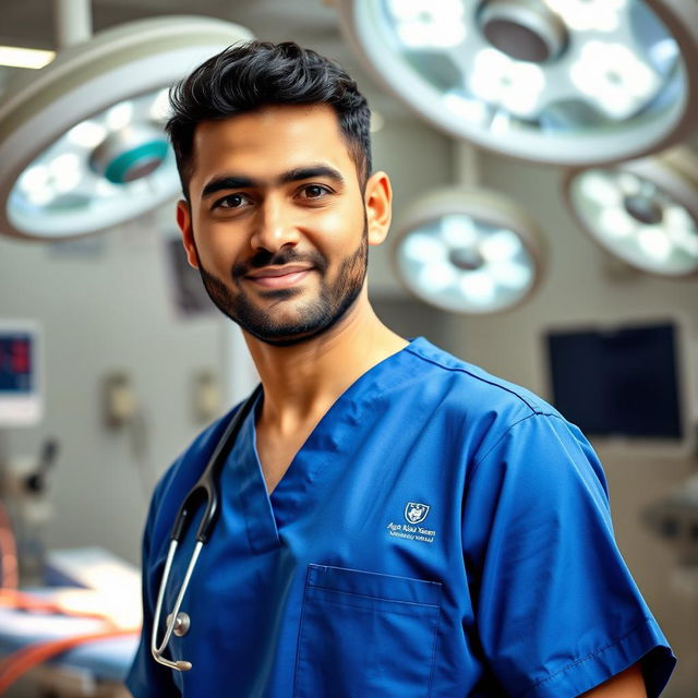 A professional surgeon in a modern surgical environment, wearing collared surgical scrubs