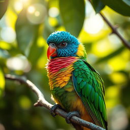 A stunning close-up of a vibrant bird perched on a branch, displaying a dazzling array of colors