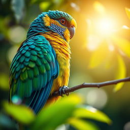 A stunning close-up of a vibrant bird perched on a branch, displaying a dazzling array of colors