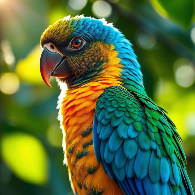 A stunning close-up of a vibrant bird perched on a branch, displaying a dazzling array of colors