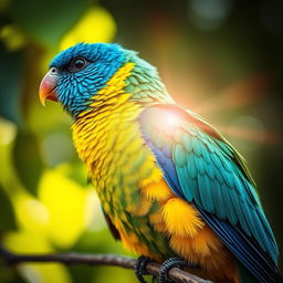 A stunning close-up of a vibrant bird perched on a branch, displaying a dazzling array of colors