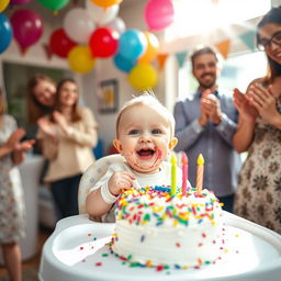 A joyous scene depicting a one-year-old baby boy celebrating his first birthday by eating a colorful birthday cake