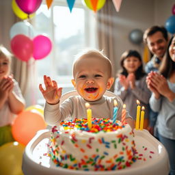 A joyous scene depicting a one-year-old baby boy celebrating his first birthday by eating a colorful birthday cake