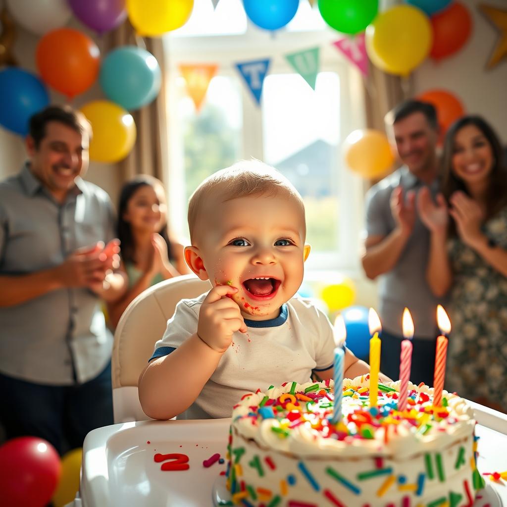 A joyous scene depicting a one-year-old baby boy celebrating his first birthday by eating a colorful birthday cake