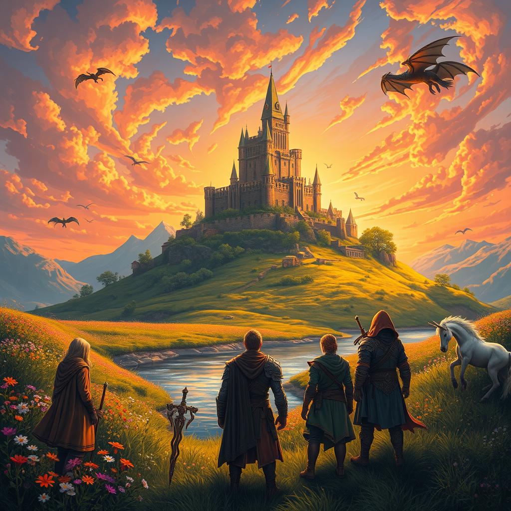 A captivating fantasy scene where a majestic castle rises from a lush, green hilltop, surrounded by vibrant wildflowers