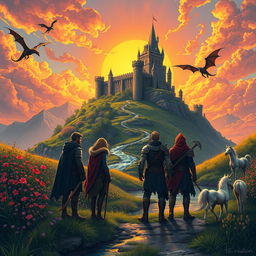 A captivating fantasy scene where a majestic castle rises from a lush, green hilltop, surrounded by vibrant wildflowers