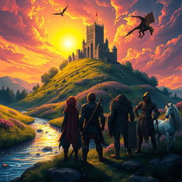 A captivating fantasy scene where a majestic castle rises from a lush, green hilltop, surrounded by vibrant wildflowers