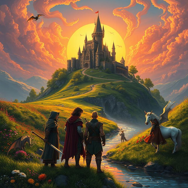 A captivating fantasy scene where a majestic castle rises from a lush, green hilltop, surrounded by vibrant wildflowers