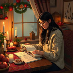 A cozy interior scene depicting a young woman studying at home during Yalda Night