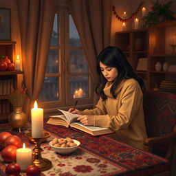 A cozy interior scene depicting a young woman studying at home during Yalda Night