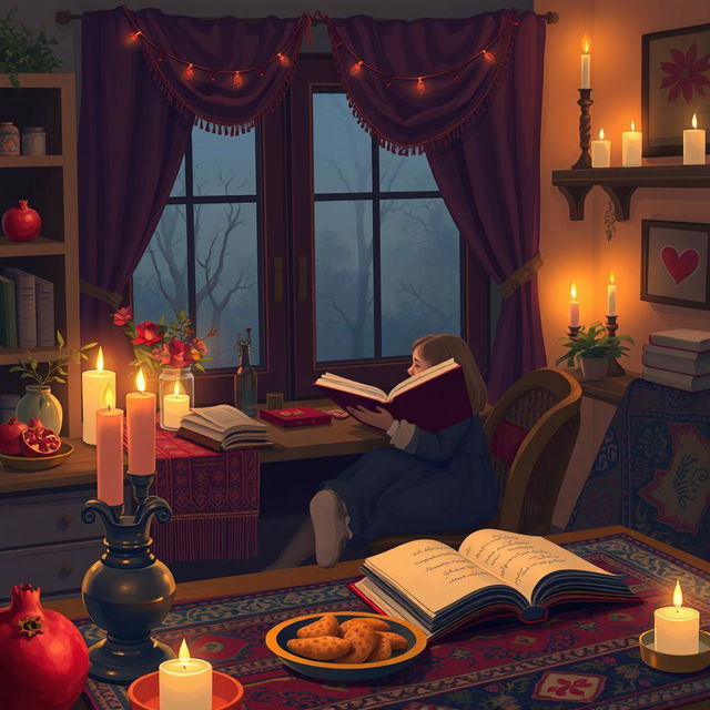 A cozy interior scene depicting a young woman studying at home during Yalda Night