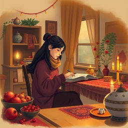 A cozy interior scene depicting a young woman studying at home during Yalda Night