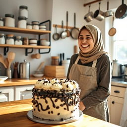 A hijab-wearing woman joyfully baking a coffee shop-style cake in a warmly lit kitchen
