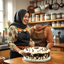A hijab-wearing woman joyfully baking a coffee shop-style cake in a warmly lit kitchen