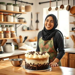 A hijab-wearing woman joyfully baking a coffee shop-style cake in a warmly lit kitchen